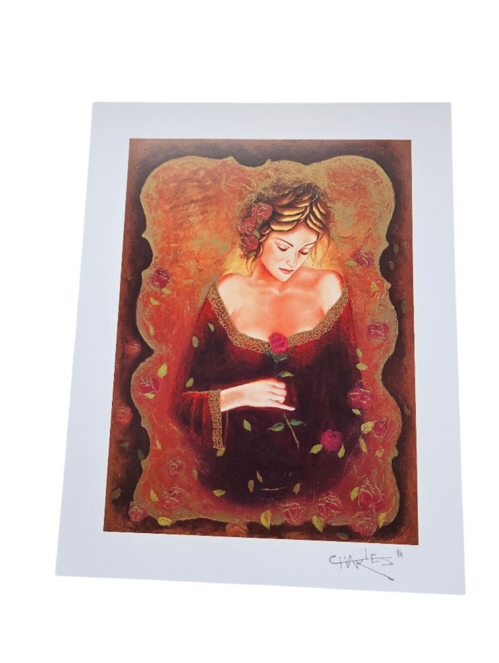 Charles Lee " Mystical Rose" Romantic Woman Art Print in Red and Gold Tones